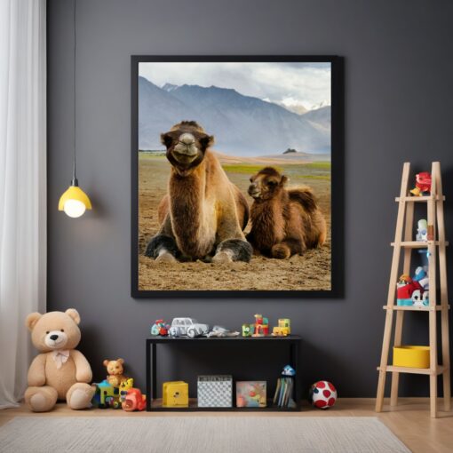 Joyful Moments: Mother and Child Bactrian Camel Framed Poster - Image 4